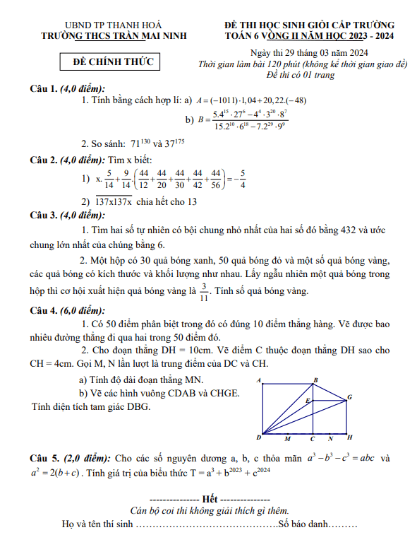 Đề HSG Toán 6 vòng 2 năm 2023 – 2024 trường THCS Trần Mai Ninh – Thanh Hóa