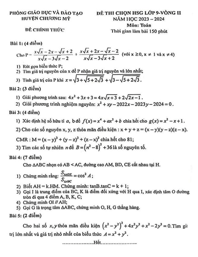 Đề HSG Toán 9 vòng 2 năm 2023 – 2024 phòng GD&ĐT Chương Mỹ – Hà Nội