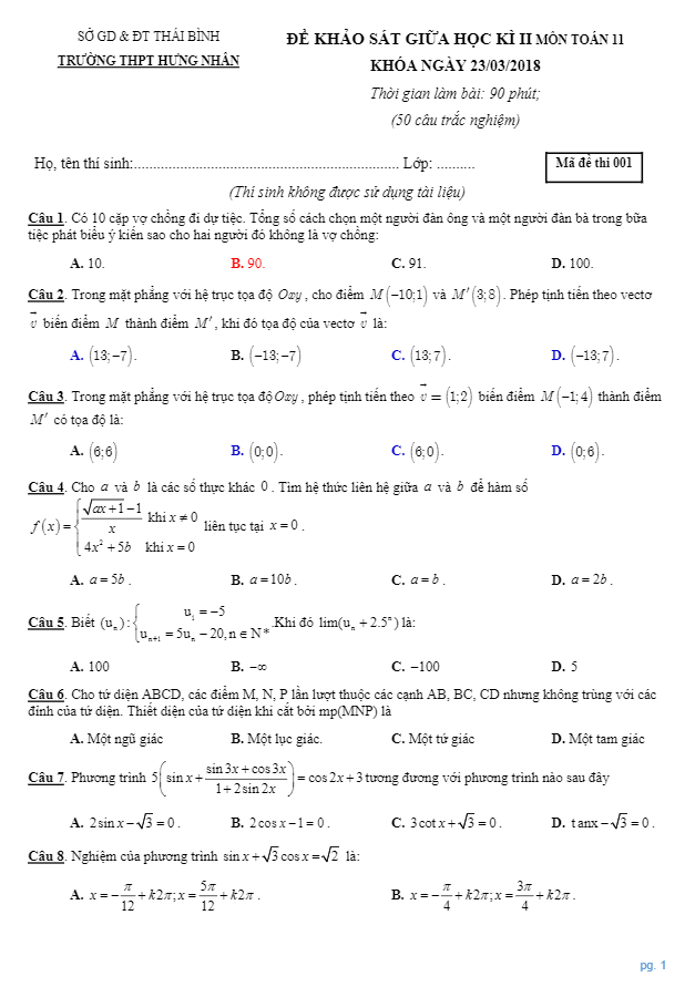 Đề khảo sát giữa học kỳ 2 Toán 11 trường THPT Hưng Nhân – Thái Bình