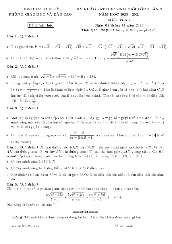 Đề khảo sát HSG Toán 9 lần 2 năm 2023 – 2024 phòng GD&ĐT Tam Kỳ – Quảng Nam