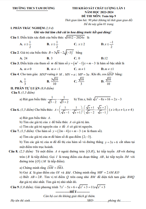 Đề khảo sát lần 1 Toán 9 năm 2023 – 2024 trường THCS Tam Dương – Vĩnh Phúc