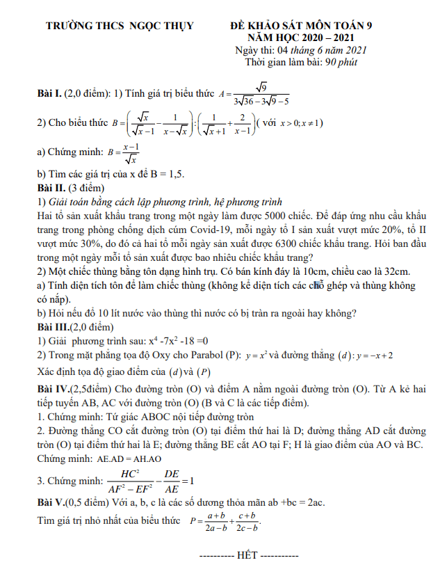 Đề khảo sát môn Toán 9 năm 2020 – 2021 trường THCS Ngọc Thụy – Hà Nội
