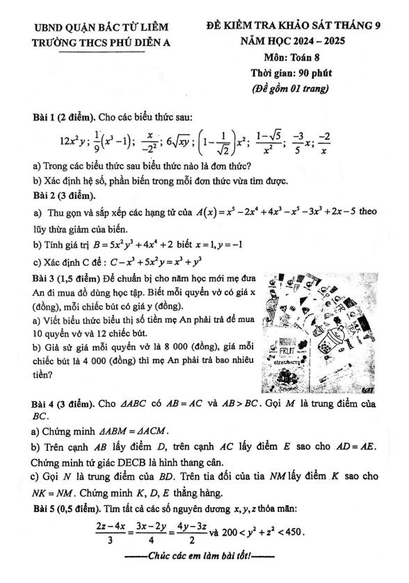 Đề khảo sát tháng 9 Toán 8 năm 2024 – 2025 trường THCS Phú Diễn A – Hà Nội