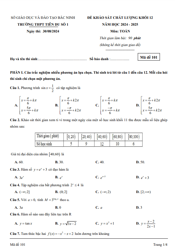 Đề khảo sát Toán 12 năm 2024 – 2025 trường THPT Tiên Du 1 – Bắc Ninh