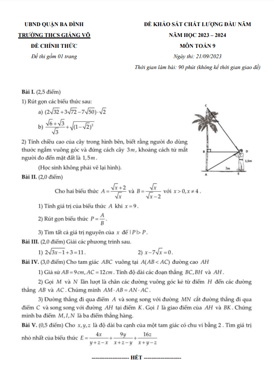 Đề khảo sát Toán 9 đầu năm 2023 – 2024 trường THCS Giảng Võ – Hà Nội
