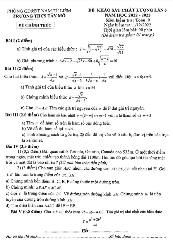 Đề khảo sát Toán 9 lần 3 năm 2022 – 2023 trường THCS Tây Mỗ – Hà Nội