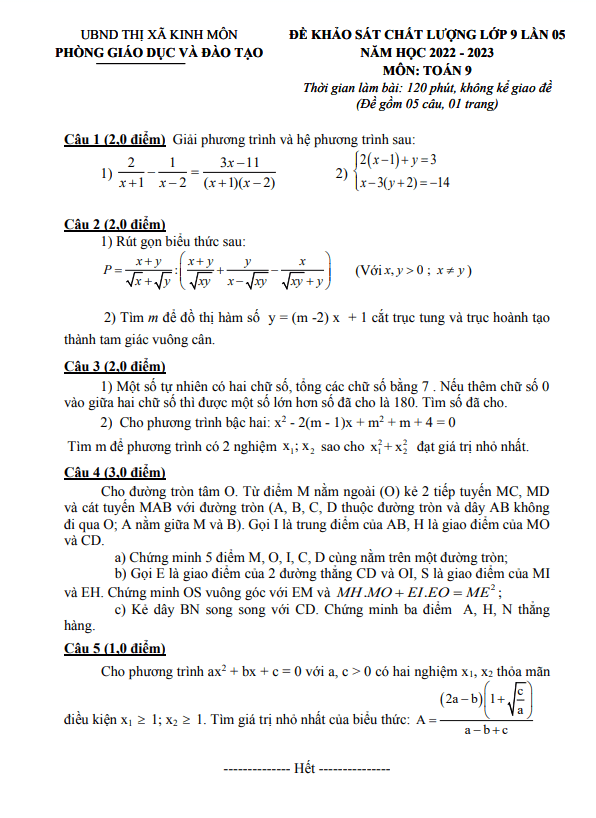 Đề khảo sát Toán 9 lần 5 năm 2022 – 2023 phòng GD&ĐT Kinh Môn – Hải Dương
