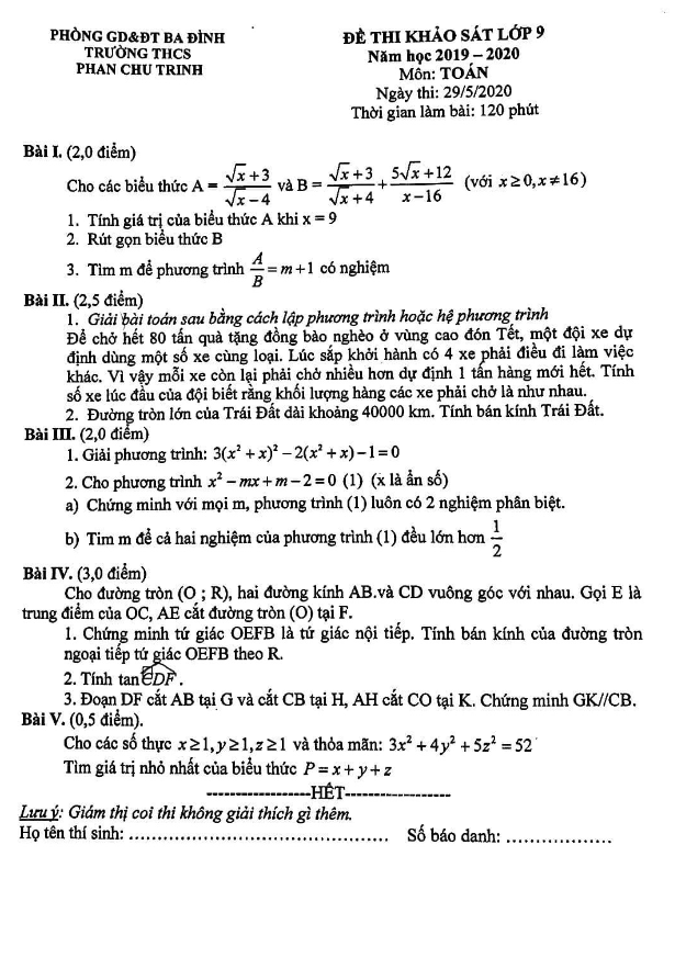 Đề khảo sát Toán 9 năm 2019 – 2020 trường THCS Phan Chu Trinh – Hà Nội
