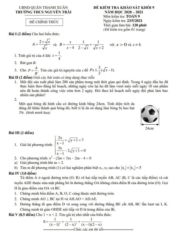 Đề khảo sát Toán 9 năm 2020 – 2021 trường THCS Nguyễn Trãi – Hà Nội
