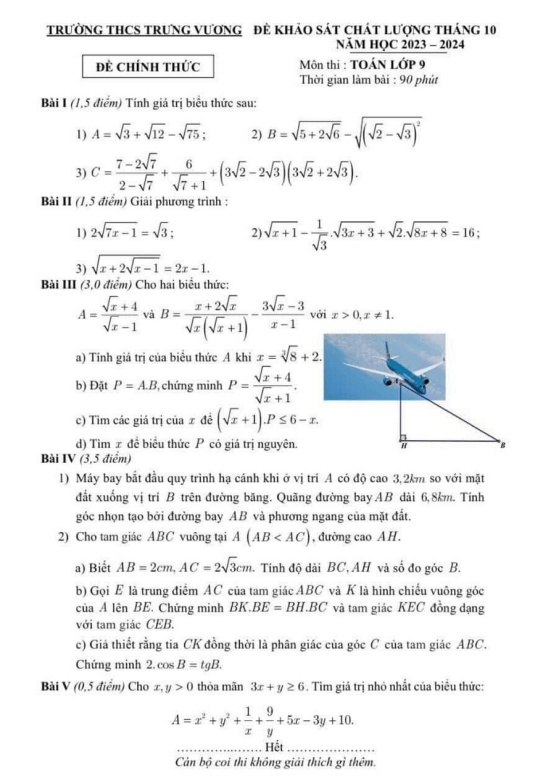 Đề khảo sát Toán 9 tháng 10 năm 2023 – 2024 trường THCS Trưng Vương – Hà Nội
