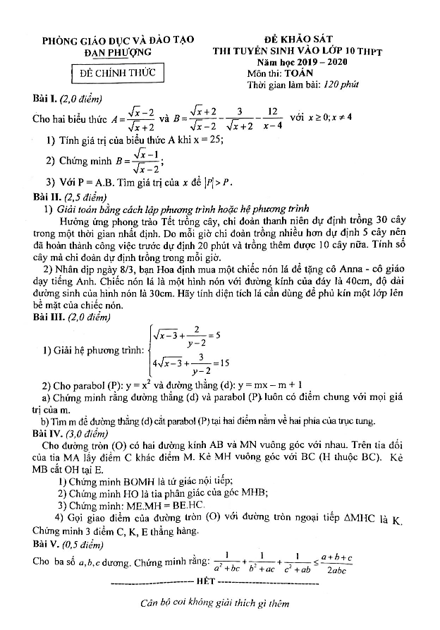 Đề khảo sát Toán thi vào 10 năm 2019 – 2020 phòng GD&ĐT Đan Phượng – Hà Nội