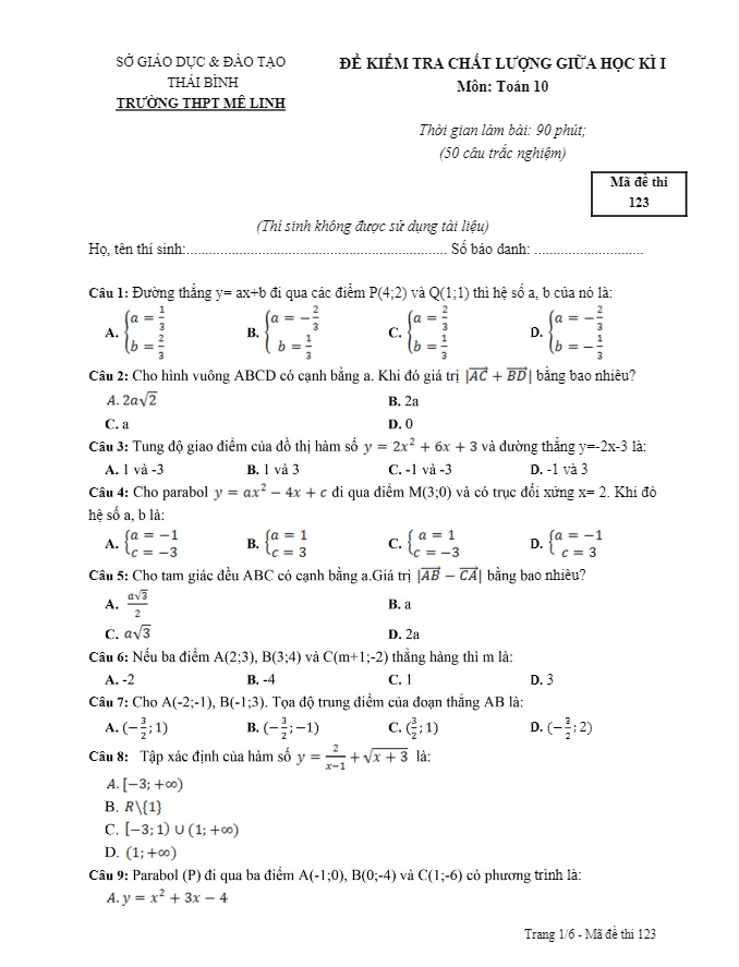 Đề kiểm tra chất lượng giữa HK1 Toán 10 trường THPT Mê Linh – Thái Bình