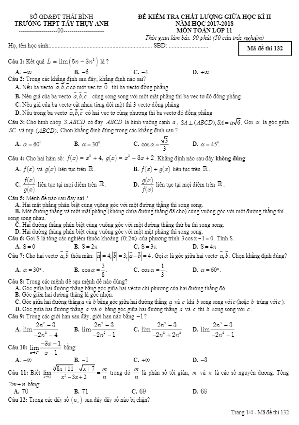 Đề kiểm tra chất lượng giữa HK2 Toán 11 trường Tây Thụy Anh – Thái Bình