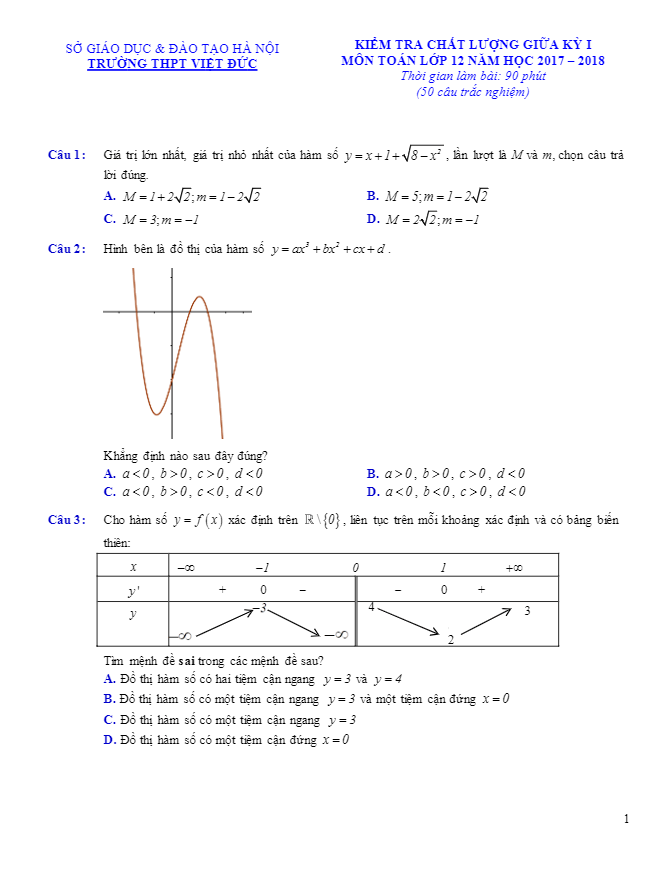 Đề kiểm tra chất lượng giữa kỳ I môn Toán 12 năm học 2017 – 2018 trường THPT Việt Đức – Hà Nội