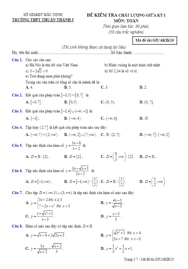 Đề kiểm tra chất lượng giữa kỳ I môn Toán lớp 10 trường THPT Thuận Thành 3 – Bắc Ninh