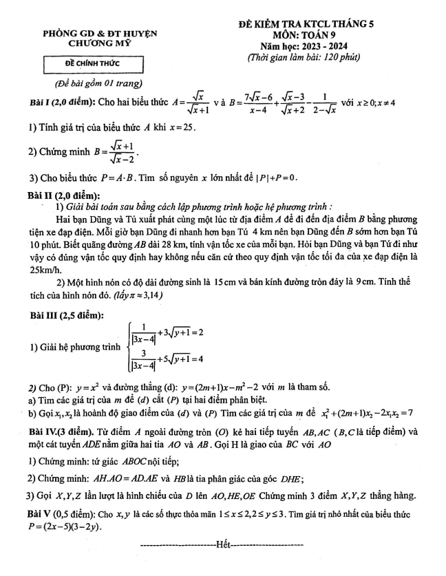 Đề kiểm tra chất lượng Toán 9 tháng 5 năm 2024 phòng GD&ĐT Chương Mỹ – Hà Nội