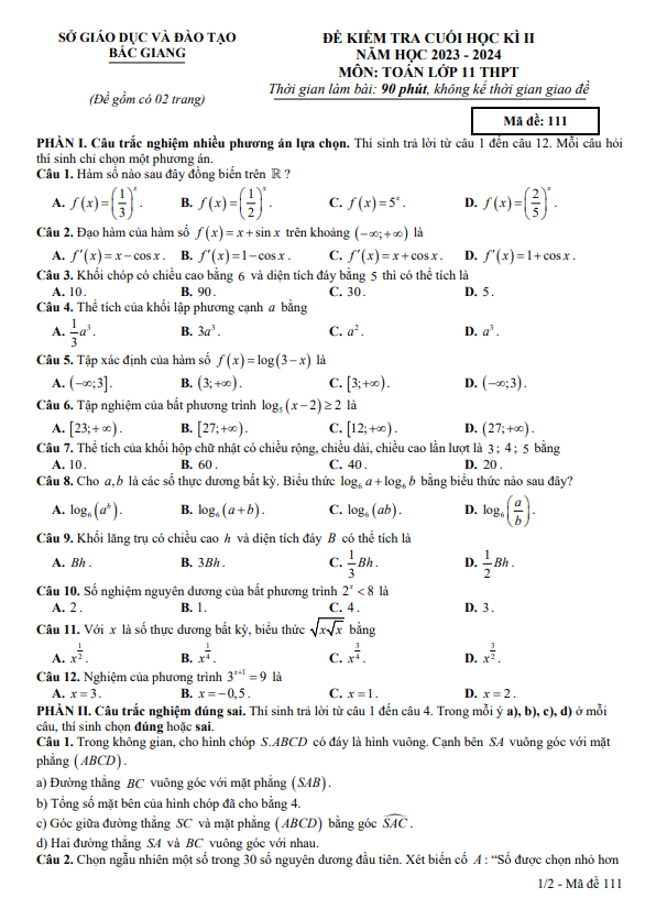 Đề kiểm tra cuối học kì 2 Toán 11 năm 2023 – 2024 sở GD&ĐT Bắc Giang