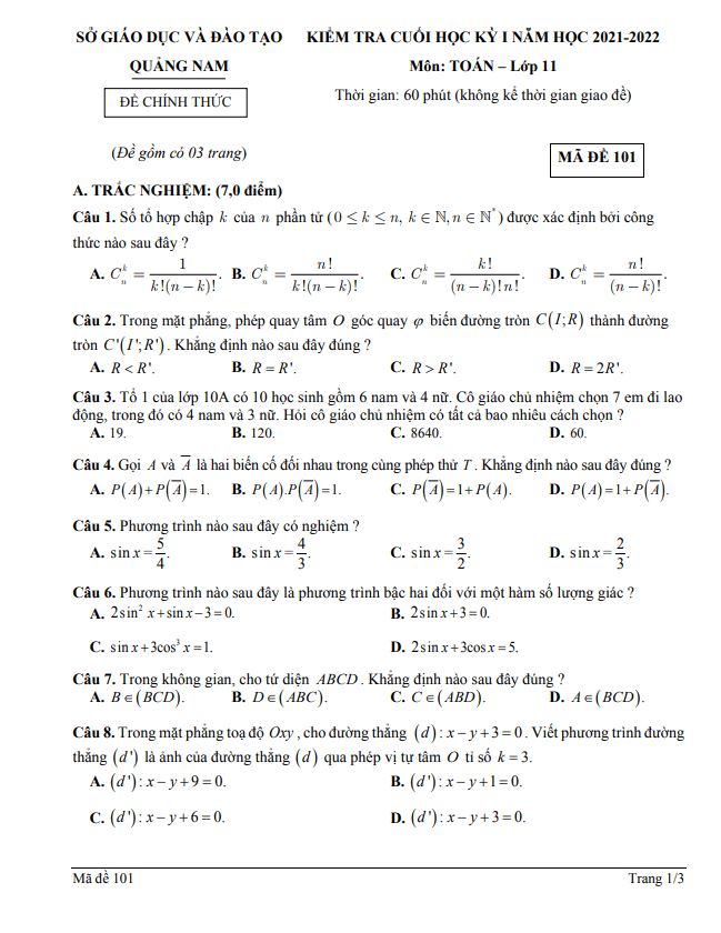 Đề kiểm tra cuối học kỳ 1 Toán 11 năm 2021 – 2022 sở GD&ĐT Quảng Nam