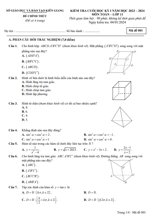 Đề kiểm tra cuối học kỳ 1 Toán 11 năm 2023 – 2024 sở GD&ĐT Kiên Giang