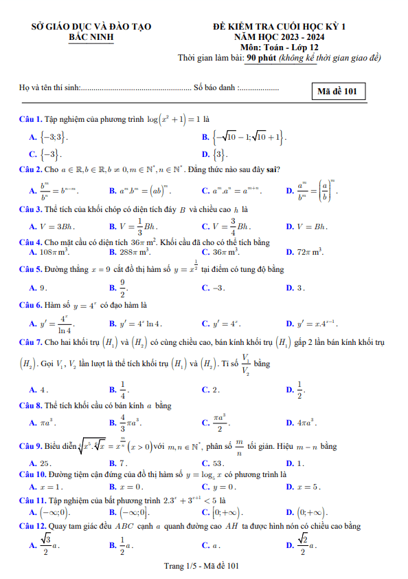 Đề kiểm tra cuối học kỳ 1 Toán 12 năm 2023 – 2024 sở GD&ĐT Bắc Ninh