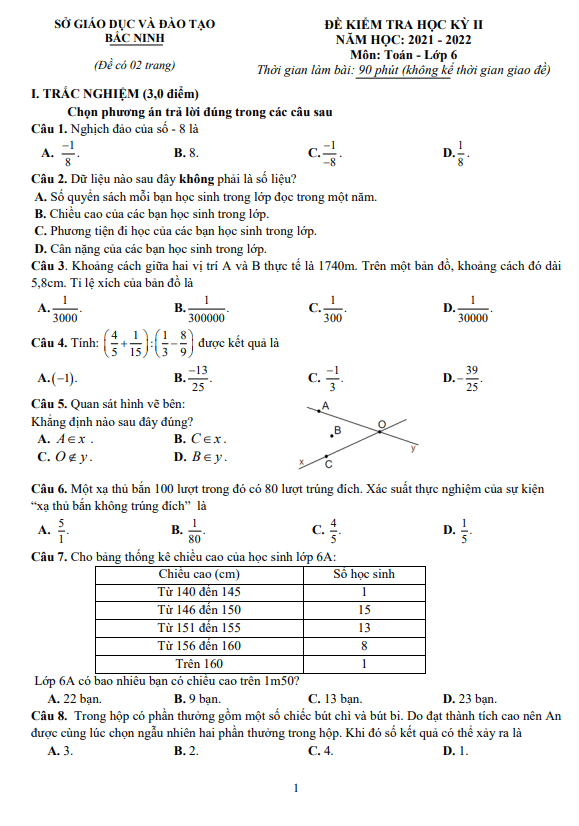 Đề kiểm tra cuối học kỳ 2 Toán 6 năm 2021 – 2022 sở GD&ĐT Bắc Ninh