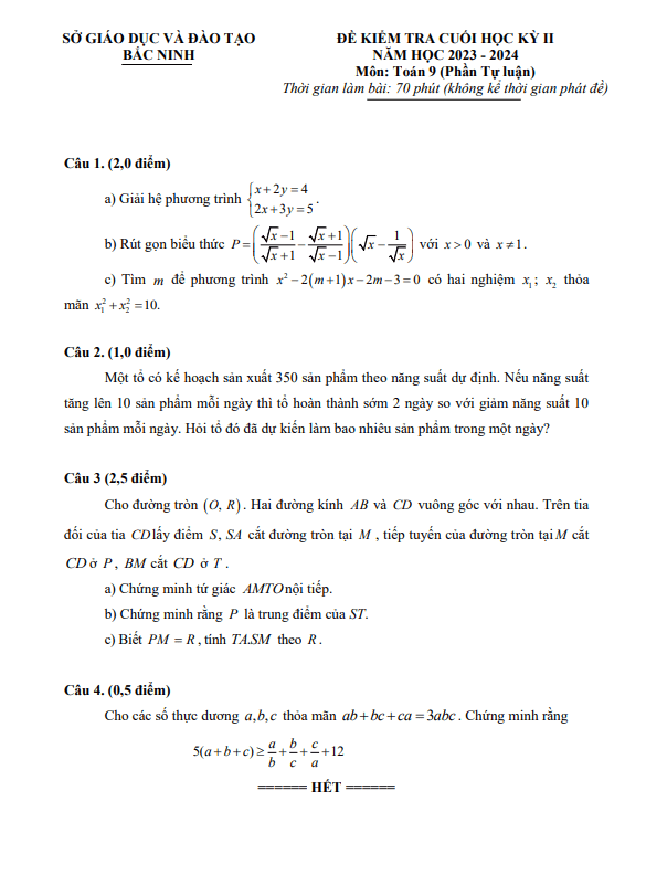 Đề kiểm tra cuối học kỳ 2 Toán 9 năm 2023 – 2024 sở GD&ĐT Bắc Ninh