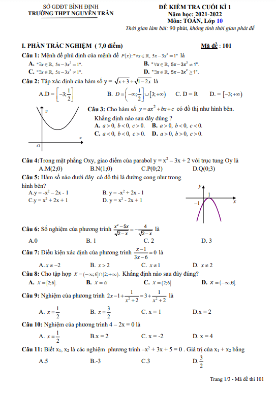 Đề kiểm tra cuối kì 1 Toán 10 năm 2021 – 2022 trường THPT Nguyễn Trân – Bình Định