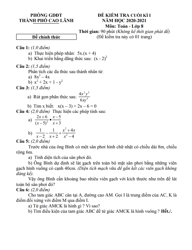 Đề kiểm tra cuối kì 1 Toán 8 năm 2020 – 2021 phòng GD&ĐT TP Cao Lãnh – Đồng Tháp