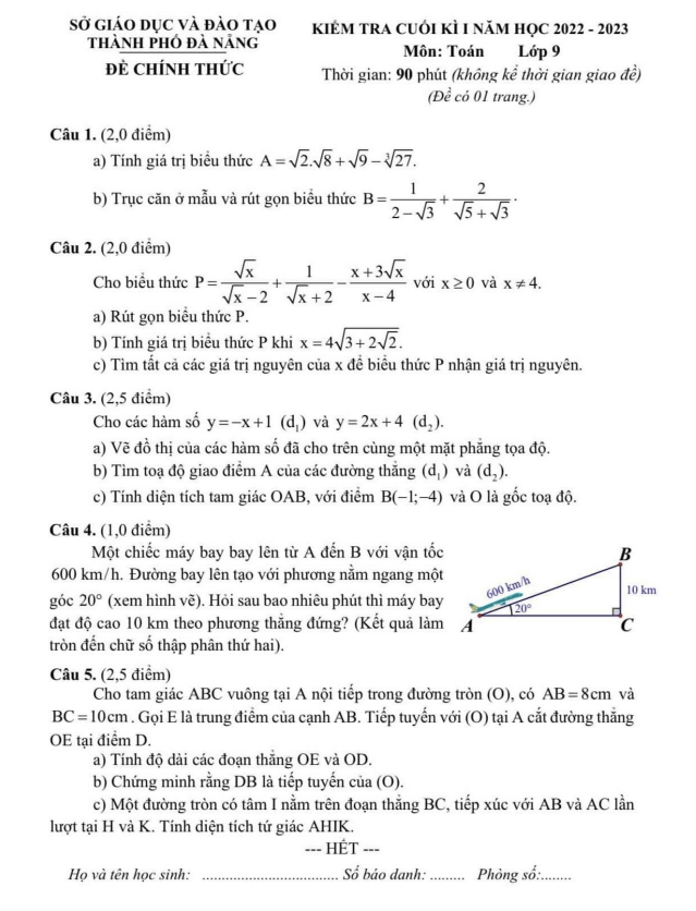 Đề kiểm tra cuối kì 1 Toán 9 năm 2022 – 2023 sở GD&ĐT Đà Nẵng