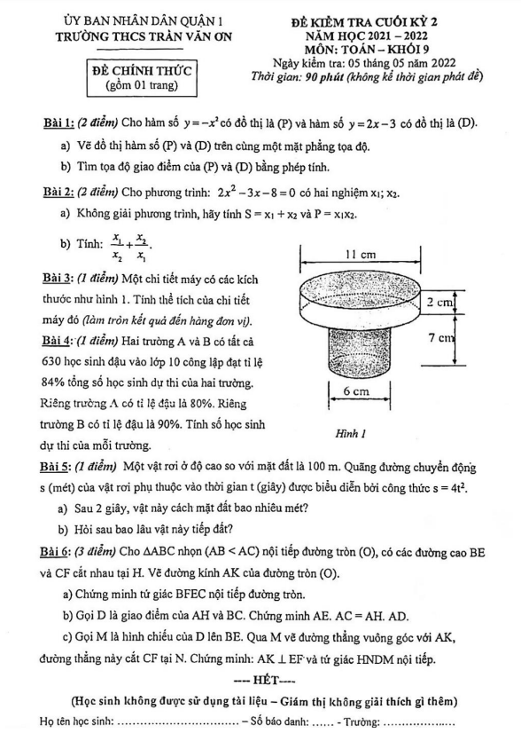 Đề kiểm tra cuối kỳ 2 Toán 9 năm 2021 – 2022 trường THCS Trần Văn Ơn – TP HCM