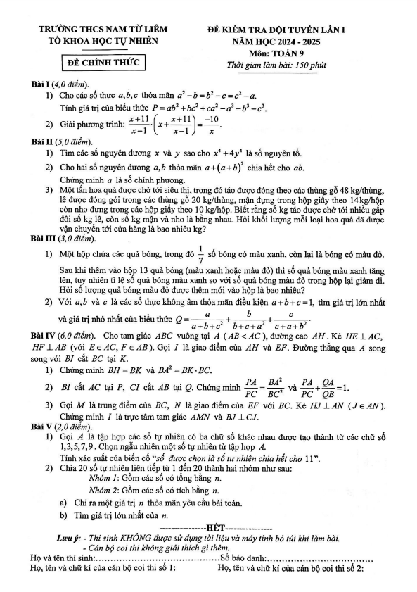 Đề kiểm tra đội tuyển lần 1 Toán 9 năm 2024 – 2025 trường THCS Nam Từ Liêm – Hà Nội