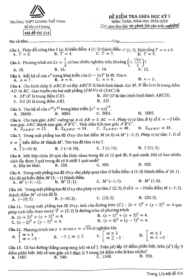 Đề kiểm tra giữa HK1 Toán 11 năm 2018 – 2019 trường THPT Lương Thế Vinh – Hà Nội