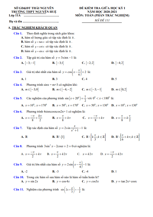Đề kiểm tra giữa HK1 Toán 11 năm 2020 – 2021 trường THPT Nguyễn Huệ – Thái Nguyên