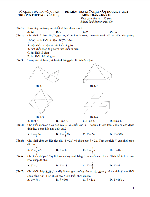 Đề kiểm tra giữa HK1 Toán 12 năm 2021 – 2022 trường THPT Nguyễn Huệ – BR VT