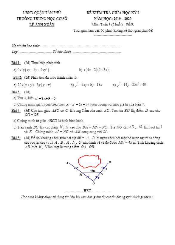 Đề kiểm tra giữa HK1 Toán 8 năm 2019 – 2020 trường Lê Anh Xuân – TP HCM