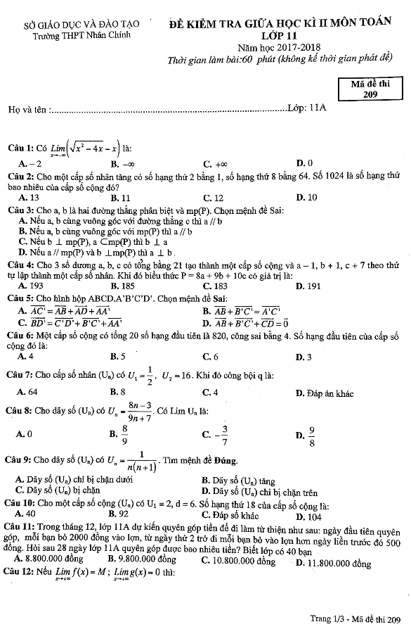 Đề kiểm tra giữa HK2 Toán 11 năm học 2017 – 2018 trường THPT Nhân Chính – Hà Nội