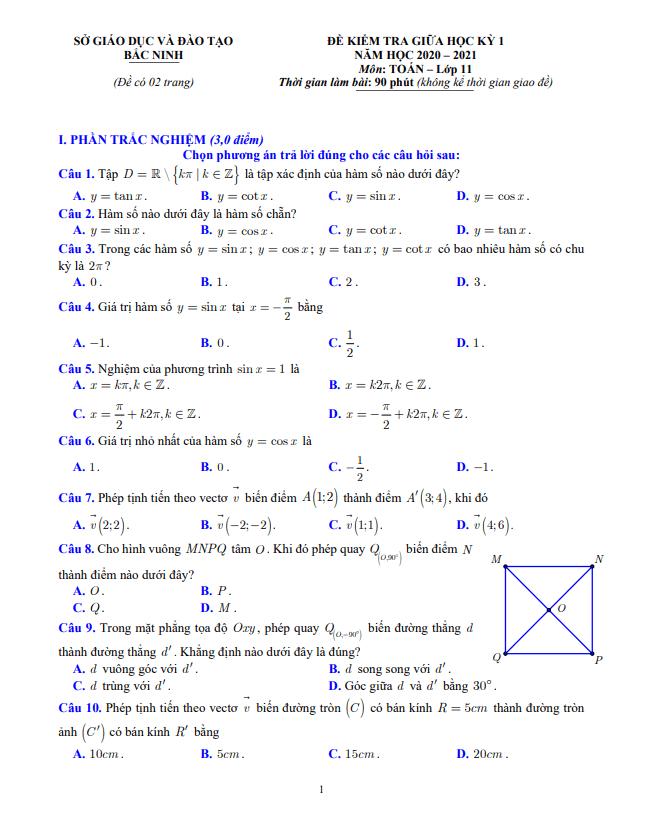 Đề kiểm tra giữa học kỳ 1 Toán 11 năm 2020 – 2021 sở GD&ĐT Bắc Ninh