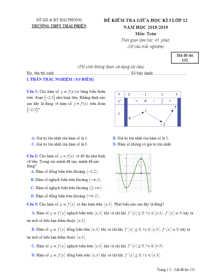 Đề kiểm tra giữa học kỳ 1 Toán 12 năm 2018 – 2019 trường THPT Thái Phiên – Hải Phòng