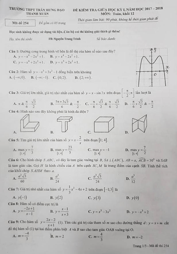 Đề kiểm tra giữa học kỳ I năm học 2017 – 2018 môn Toán 12 trường THPT Trần Hưng Đạo – Hà Nội