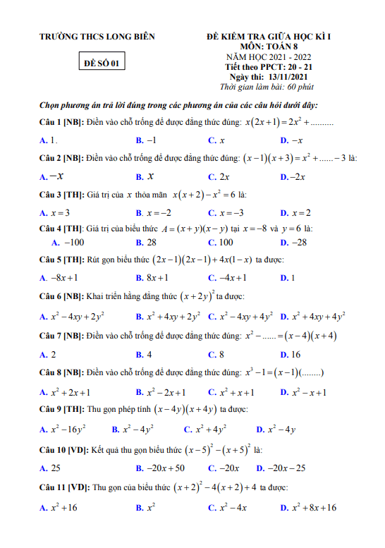 Đề kiểm tra giữa kì 1 Toán 8 năm 2021 – 2022 trường THCS Long Biên – Hà Nội