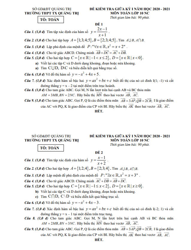 Đề kiểm tra giữa kỳ 1 Toán 10 NC năm 2020 – 2021 trường THPT TX Quảng Trị