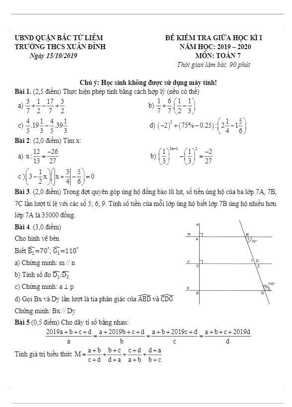 Đề kiểm tra giữa kỳ 1 Toán 7 năm 2019 – 2020 trường THCS Xuân Đỉnh – Hà Nội