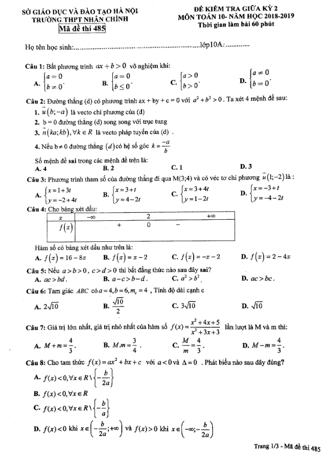 Đề kiểm tra giữa kỳ 2 Toán 10 năm 2018 – 2019 trường Nhân Chính – Hà Nội