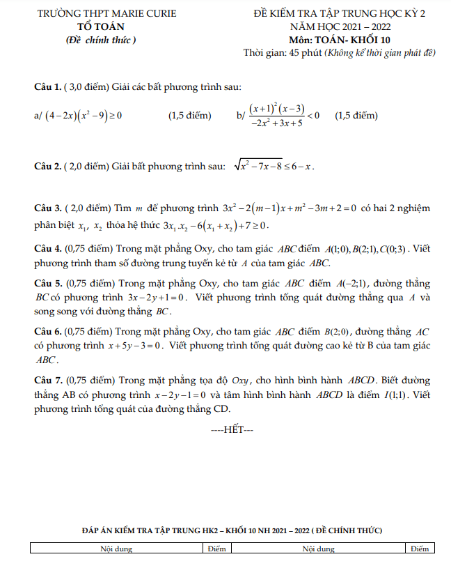 Đề kiểm tra giữa kỳ 2 Toán 10 năm 2021 – 2022 trường THPT Marie Curie – TP HCM