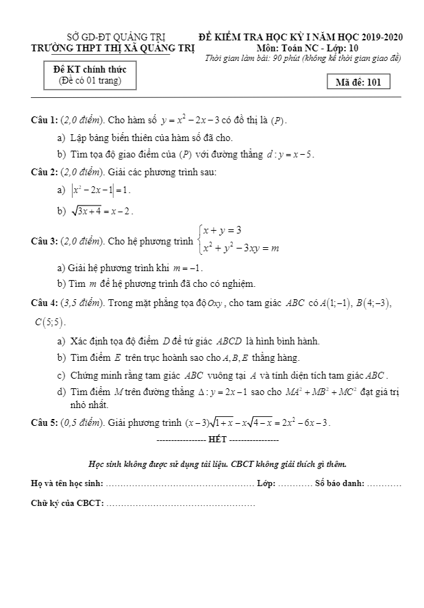 Đề kiểm tra HK1 Toán 10 NC năm 2019 – 2020 trường THPT Thị xã Quảng Trị