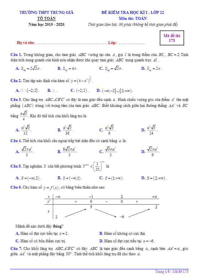 Đề kiểm tra HK1 Toán 12 năm 2019 – 2020 trường THPT Trung Giã – Hà Nội