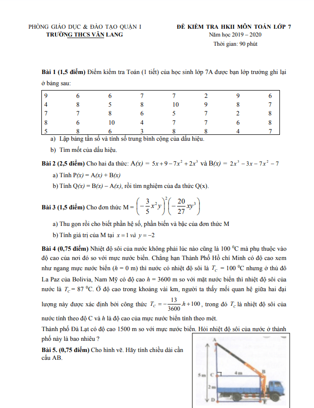 Đề kiểm tra học kì 2 Toán 7 năm 2019 – 2020 trường THCS Văn Lang – TP HCM