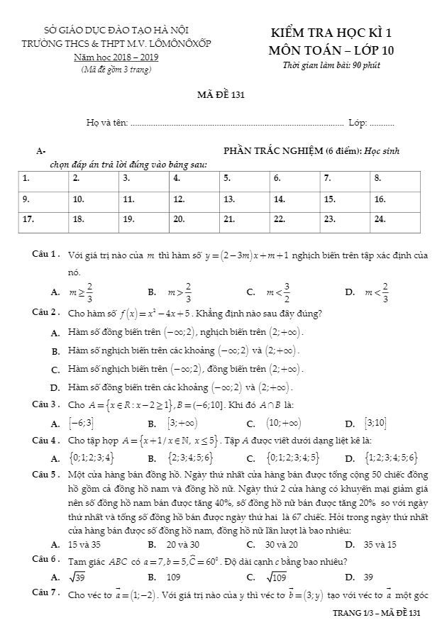 Đề kiểm tra học kỳ 1 Toán 10 năm 2018 – 2019 trường M.V Lômônôxốp – Hà Nội