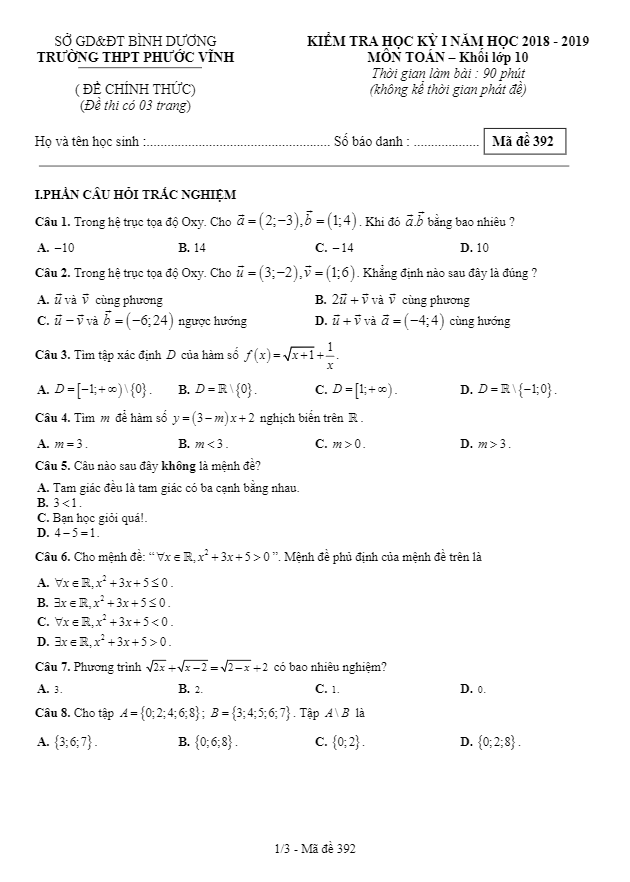 Đề kiểm tra học kỳ 1 Toán 10 năm 2018 – 2019 trường Phước Vĩnh – Bình Dương