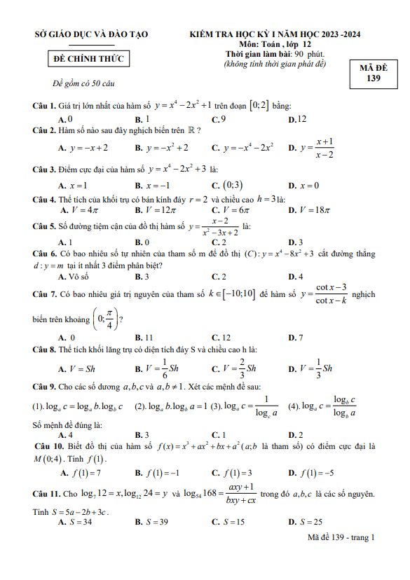 Đề kiểm tra học kỳ 1 Toán 12 năm 2023 – 2024 sở GD&ĐT Bình Dương